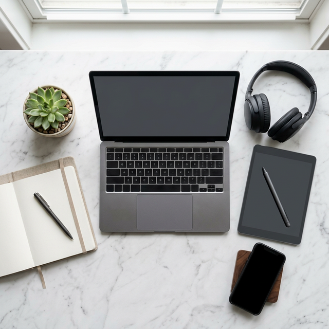 Professional remote work flat lay with laptop, wireless headphones, digital tablet and accessories on marble desk
